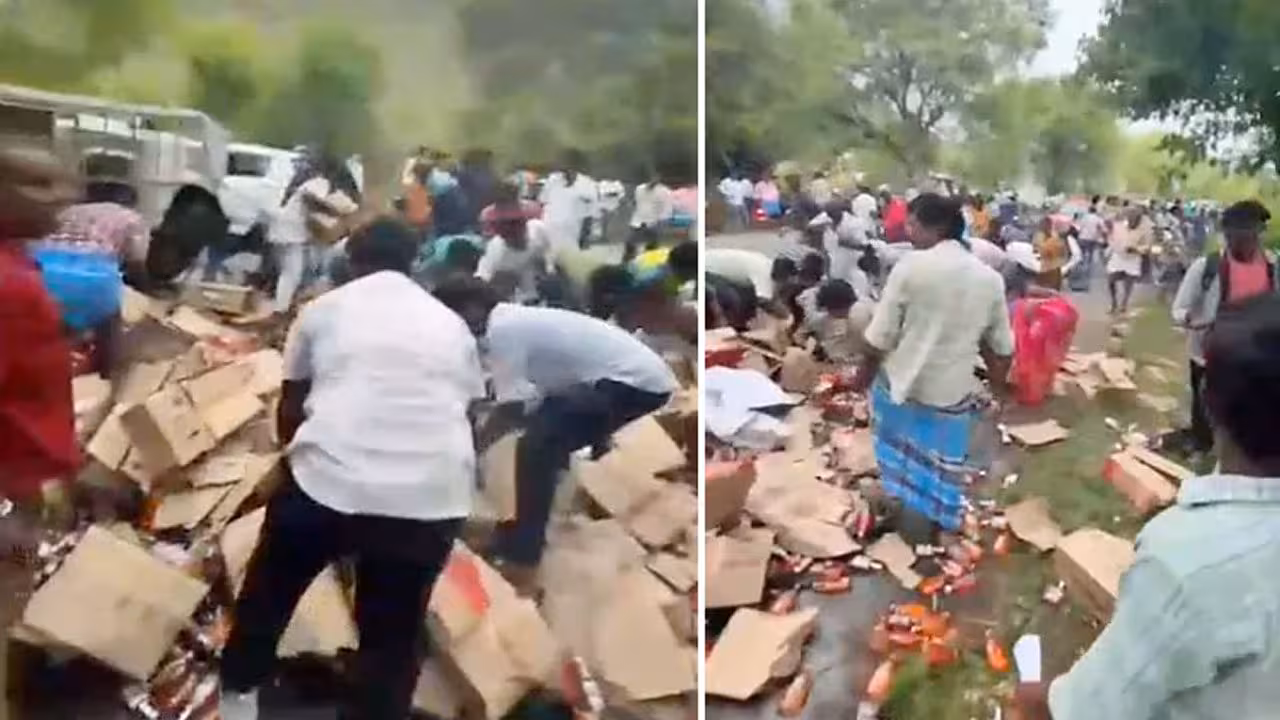 Liquor Transport Van | లిక్కర్ వ్యాన్ బోల్తా.. మద్యం సీసాల కోసం ఎగబడ్డ జనం.. వీడియో
