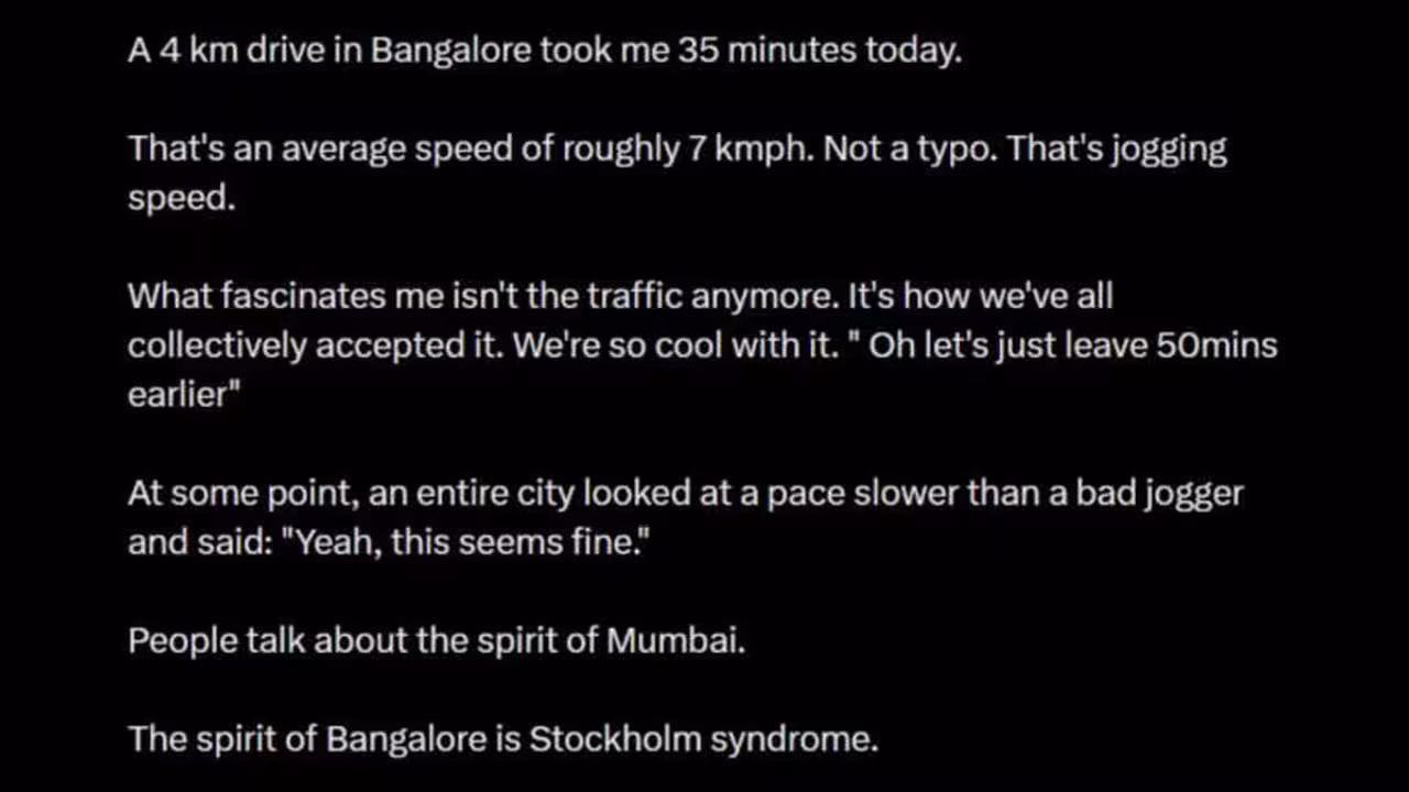 4 km In 35 Minutes Bengaluru Man Says City Traffic Has Reached Stockholm Syndrome Stage