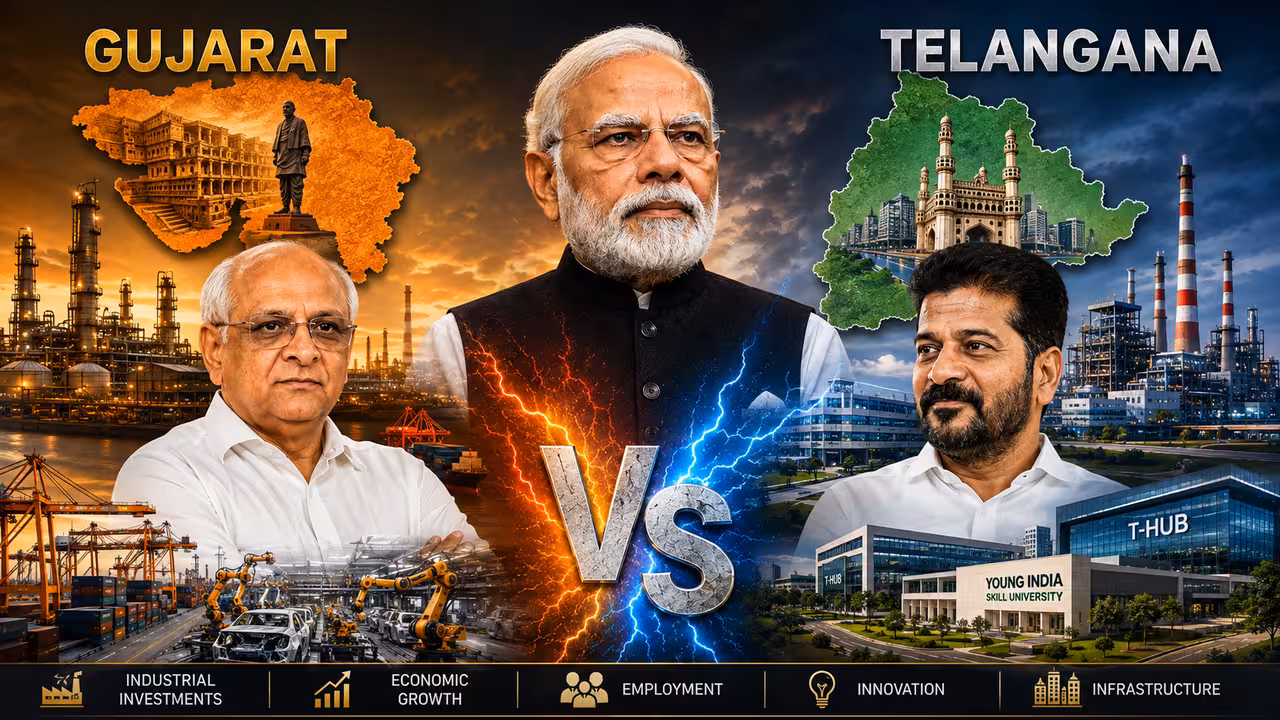 పాలిటిక్స్ వర్సెస్ ప్రోగ్రెస్: గుజరాత్ వర్సెస్ తెలంగాణ హాట్ డిబేట్! రాజకీయ రగడ రగిలించిన జాతీయ చర్చ!