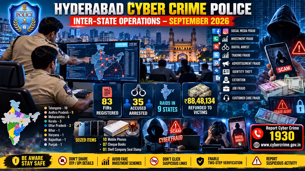 Hyderabad Cyber Crime Police | 9 రాష్ట్రాల్లో హైదరాబాద్ పోలీసుల మెరుపు దాడులు: 35 మంది సైబర్ నేరగాళ్ల అరెస్ట్.. రూ.88 లక్షలు రికవర్